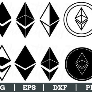 Könnte beinhalten: Eine Sammlung schwarzer Ethereum-Kryptowährungssymbole in verschiedenen Designs. Das Bild enthält rautenförmige Symbole und kreisförmige Logos sowie Dateityp-Bezeichnungen: SVG, EPS, DXF und PNG.