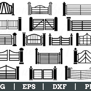 Pode incluir: Uma coleção de designs de portões pretos em vários estilos, incluindo portões arqueados, de ripas e painéis. Cada portão é ladeado por pilares, criando um conjunto coeso de ilustrações vetoriais. A parte inferior da imagem exibe os formatos de arquivo: SVG, EPS, DXF e PNG.