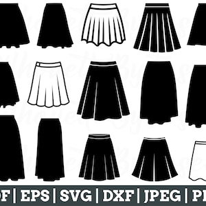Pode incluir: Um conjunto de 12 silhuetas de saias em preto e branco. As saias são de vários estilos, incluindo A-line, plissadas e retas.
