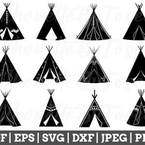 May include: Set of 12 black and white teepee silhouette illustrations. The teepees are in various styles with different patterns and designs.