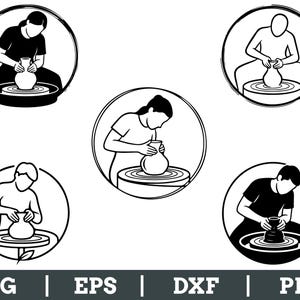 May include: Black and white line art illustrations of people working on pottery wheels, each within a circular frame. The images depict various stages of the pottery process, with the figures shaping clay vessels. The bottom of the image includes the text "SVG | EPS | DXF | PNG".