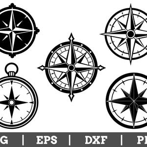 May include: A collection of five black and white compass rose illustrations featuring various navigational star designs and circular frames. The graphic set includes the text SVG, EPS, DXF, and PNG at the bottom, indicating available file formats.