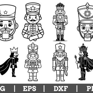 May include: A collection of eight black and white line art illustrations featuring various nutcracker figures in different poses and uniforms, including some with crowns, capes, and drums, with the text SVG, EPS, DXF, and PNG at the bottom.