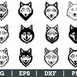 Op de afbeelding: Een verzameling van twaalf zwart-wit illustraties van wolfskoppen, elk met een uniek ontwerp. De afbeeldingen variëren in detail en schaduw. De onderkant van de afbeelding bevat de tekst "SVG | EPS | DXF | PNG".