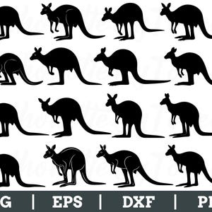 May include: Black kangaroo silhouettes in various poses are arranged in rows. The image includes the file type labels: SVG, EPS, DXF, and PNG. The kangaroos are depicted in a minimalist style, suitable for digital design or crafting projects.