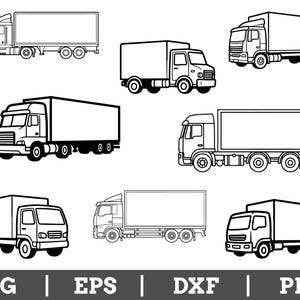 Op de afbeelding: Een verzameling zwart-wit lijntekeningen van verschillende soorten vrachtwagens en bestelwagens. De vrachtwagens hebben rechthoekige laadcontainers. De onderkant van de afbeelding toont de tekst "SVG | EPS | DXF | PNG".