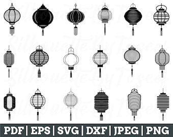 May include: Set of 16 black and white silhouette illustrations of Chinese lanterns. The lanterns are various shapes and sizes, with some having a tassel hanging from the bottom.