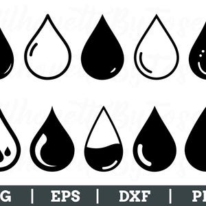 May include: A collection of ten black and white teardrop-shaped graphics. Some are solid black, others are outlined, and some have internal details like droplets or a filled lower portion. The bottom of the image displays the text "SVG | EPS | DXF | PNG".