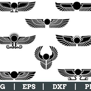 May include: Black and white vector illustrations of stylized winged sun discs, featuring various designs with detailed feather patterns and circular orbs. The designs include suns, snakes, and other decorative elements. The bottom of the image includes the text "SVG | EPS | DXF | PNG".