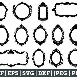 May include: A collection of black ornate frames in various shapes, including oval, round, and rectangular designs. The frames feature intricate scrollwork and decorative details, suitable for digital art or crafting projects. The image also includes file format options.