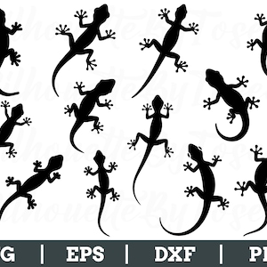 Puede incluir: Ilustraciones de siluetas negras de geckos en varias poses sobre un fondo blanco. La imagen incluye múltiples diseños de gecko, cada uno con pies y colas detallados. La parte inferior de la imagen muestra opciones de tipo de archivo: SVG, EPS, DXF y PNG.