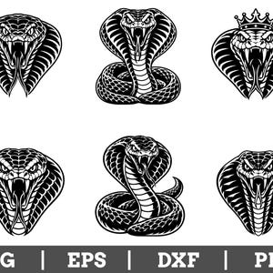 May include: A collection of six black and white cobra illustrations featuring various poses, including coiled snakes and hooded heads, with one cobra wearing a crown. The bottom of the image displays the text SVG | EPS | DXF | PNG.