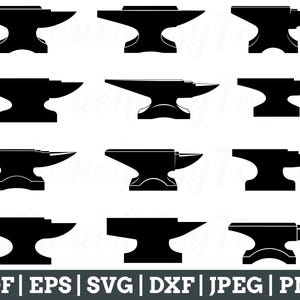 Könnte beinhalten: Zehn schwarze Silhouettenbilder eines Ambosses, ein Werkzeug des Schmieds zum Formen von Metall.