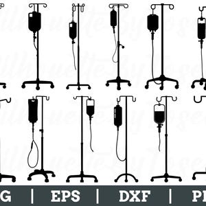 Può includere: Una collezione di immagini silhouette nere di supporti per flebo con vari tipi di sacche per liquidi. I supporti hanno una base con ruote e pali regolabili. La parte inferiore dell'immagine contiene il testo "SVG | EPS | DXF | PNG".