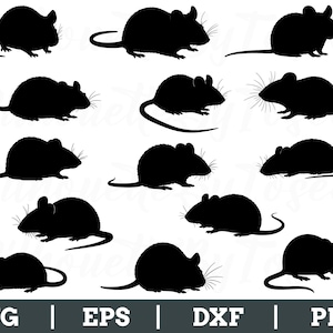 May include: A collection of black mouse silhouettes in various poses, each with a long tail and whiskers. The image includes the file type abbreviations: SVG, EPS, DXF, and PNG.