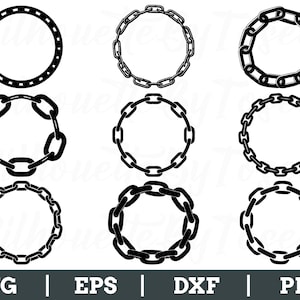 May include: A collection of nine black circular designs. The designs include a dotted circle and various chain link patterns. The bottom of the image displays the file types: SVG, EPS, DXF, and PNG.
