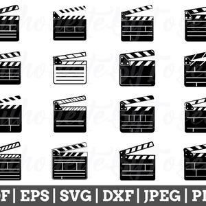 May include: A set of 16 black and white clapperboard icons. The clapperboards are all the same size and shape, but they have different designs. Some of the clapperboards have a simple design, while others have more intricate designs. The clapperboards are all in a flat style.