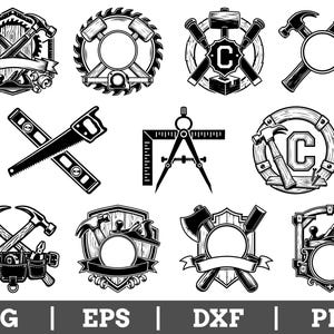 May include: A collection of twelve black and white vector illustrations featuring construction and woodworking tools arranged in circular, shield, and badge designs. The graphics include hammers, saws, planes, compasses, and squares. Text reads SVG | EPS | DXF | PNG.