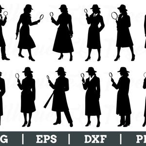 May include: A series of black silhouette images of a person in a trench coat and fedora hat holding a magnifying glass. The images are in various poses, suggesting a detective theme. The bottom of the image includes the text "SVG | EPS | DXF | PNG".