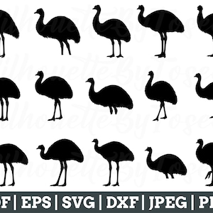 Puede incluir: Una colección de siluetas negras de emúes en varias poses sobre un fondo blanco. La imagen incluye múltiples contornos de emúes, mostrando el perfil y la postura del ave. Debajo de las siluetas de emúes están las abreviaturas de tipos de archivo: PDF, EPS, SVG, DXF, JPEG y PNG.
