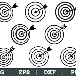 Puede incluir: Una colección de iconos de dianas en blanco y negro con flechas. Cada diana tiene círculos concéntricos con una flecha en el centro. La parte inferior de la imagen tiene el texto "SVG | EPS | DXF | PNG".