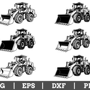 May include: A collection of six black and white vector illustrations of wheel loaders, each featuring a large front bucket, heavy-duty tires, and a cabin. The text SVG | EPS | DXF | PNG is displayed at the bottom of the image.
