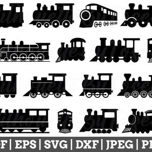 May include: A collection of black train silhouettes in various designs. The image includes different train styles, from classic steam engines to modern locomotives. The bottom of the image displays file format options: PDF, EPS, SVG, DXF, JPEG, and PNG.