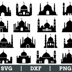 May include: A set of 16 black and white silhouette images of mosques. The images are in various styles and sizes, and are perfect for use in crafting projects, scrapbooking, or digital design.