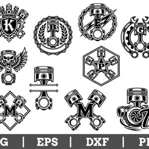 May include: A collection of black and white vector emblems featuring automotive engine pistons, connecting rods, gears, chains, wrenches, skulls, and wings, with letters K, B, E, G, S, P, M, and T integrated into the designs. Text reads SVG, EPS, DXF, PNG.
