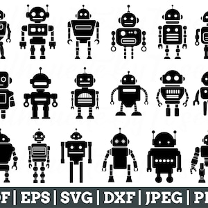 May include: A set of 16 black and white robot silhouette clip art images. The robots are in various poses, including standing, walking, and holding tools.