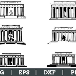 May include: Black and white line art illustrations of the Lincoln Memorial, each with a seated figure inside. The images vary in detail and perspective, suitable for digital design projects. Includes SVG, EPS, DXF, and PNG file formats.