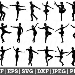 Puede incluir: Siluetas de 12 bailarines en varias poses, todos vestidos con atuendos de baile. Los bailarines están en una variedad de posiciones, incluyendo de pie, saltando y girando. Las siluetas son negras sobre un fondo blanco.