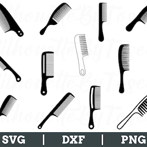Può includere: Un set di dieci file di taglio SVG di pettini neri e bianchi. I pettini sono di varie dimensioni e forme.
