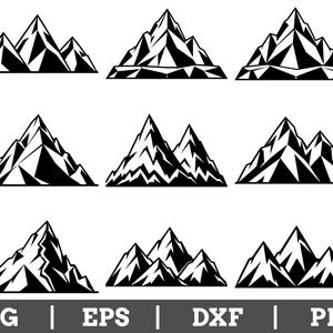 May include: A collection of nine distinct black and white mountain range illustrations featuring geometric peaks and valleys. The bottom of the image displays the text SVG | EPS | DXF | PNG in a clear, sans-serif font against a dark background.