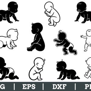 Könnte beinhalten: Eine Sammlung von schwarz-weißen Baby-Illustrationen in verschiedenen Posen, darunter Krabbeln, Sitzen und Stehen. Die Bilder sind im minimalistischen Stil gehalten und eignen sich für digitale Designprojekte. Der Text "SVG | EPS | DXF | PNG" befindet sich unten.