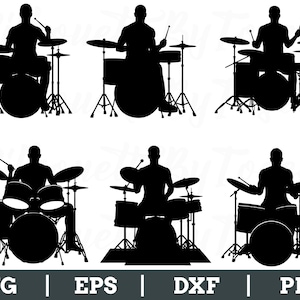 Puede incluir: Ilustraciones de siluetas negras de bateristas tocando la batería. Cada baterista está sentado detrás de una batería, con las baquetas levantadas. La imagen incluye el texto "SVG | EPS | DXX | PNG" en la parte inferior.