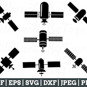May include: Set of ten black and white silhouette illustrations of satellites in space. The satellites are in various positions and have different shapes and sizes.