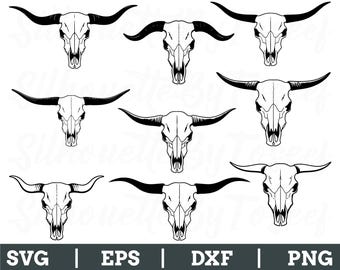 May include: A collection of nine black and white bull skull illustrations with varying horn shapes. The image includes file type indicators: SVG, EPS, DXF, and PNG.