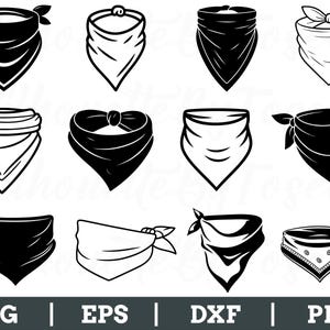 May include: A selection of black and white bandana designs. The image shows bandanas in different styles, some tied with knots and others with decorative features. The image also includes the file type formats: SVG, EPS, DXF, and PNG.