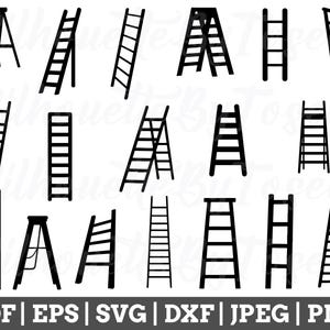 Könnte beinhalten: Ein Satz von 16 Schwarz-Weiß-Silhouettenbildern von verschiedenen Arten von Trittleitern. Die Bilder sind perfekt für Bastel-, Scrapbooking- oder digitale Designprojekte.