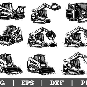 Op de afbeelding: Een verzameling van negen zwart-witillustraties met diverse schrankladers met rupsbanden, bakken en hulpstukken in verschillende werkposities, met de tekst SVG | EPS | DXF | PNG onderaan weergegeven.