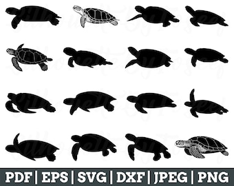 May include: A collection of black sea turtle silhouettes and detailed illustrations. The image includes various poses of turtles, with some showing intricate shell patterns. The bottom of the image displays file format options: PDF, EPS, SVG, DXF, JPEG, and PNG.