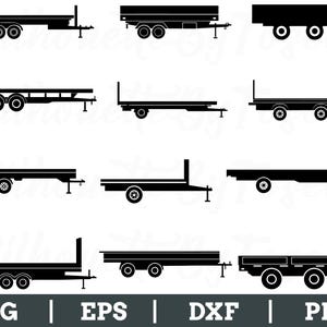 Könnte beinhalten: Eine Sammlung schwarzer Anhänger-Silhouetten in verschiedenen Designs. Die Anhänger haben unterschiedliche Radkonfigurationen und Pritschenstile, darunter Pritschen und solche mit Seitenwänden. Das Bild enthält den Text "SVG | EPS | DXF | PNG".