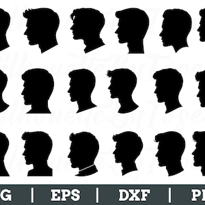 May include: A series of black silhouette profiles depicting male faces with diverse hairstyles. The image showcases a range of hair lengths and styles, including short and textured looks. The bottom of the image displays the text "SVG | EPS | DXF | PNG".