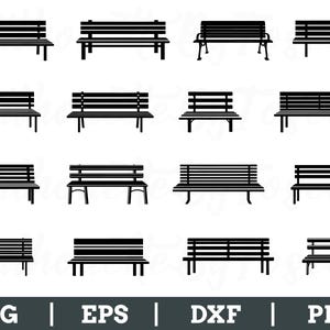 May include: A collection of black and white park bench silhouettes in various designs. The benches have slatted seats and backs, with different leg styles. The image includes the text "SVG | EPS | DXF | PNG" at the bottom.