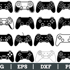 Puede incluir: Una colección de diseños de mandos de videojuegos en blanco y negro. Los mandos varían en estilo, algunos delineados y otros en negro sólido. La imagen incluye el texto "SVG | EPS | DXF | PNG" en la parte inferior.