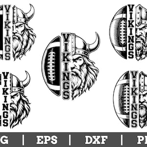 Könnte beinhalten: Eine Sammlung von fünf schwarz-weißen grafischen Illustrationen, die ein geteiltes Design mit einem Football auf der linken Seite und einem bärtigen Wikingerkrieger mit gehörntem Helm auf der rechten Seite zeigen, mit dem vertikalen Text VIKINGS.