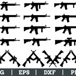 May include: A set of 10 black and white silhouette images of an AR-15 style rifle. The images are in various positions, including a side view, a top view, and a front view. The images are ideal for use in crafting, scrapbooking, or other creative projects.