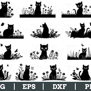 Op de afbeelding: Een verzameling zwarte kat silhouetten met bloemen en vlinder accenten. Elke kat wordt in verschillende poses afgebeeld, omringd door gestileerde bloemen en vlinders. De afbeelding bevat bestandstype labels: SVG, EPS, DXF en PNG.