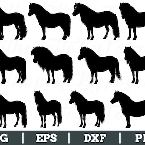 Op de afbeelding: Een verzameling zwarte silhouetten van pony's in verschillende poses. De pony's hebben dikke manen en staarten. Onderaan de afbeelding staat de tekst "SVG | EPS | DXF | PNG".
